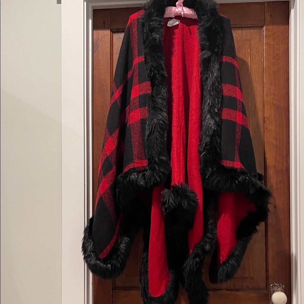 Red and Black Plaid Poncho with Faux Fur Trim